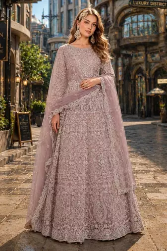 Purple embroidered net semi stitched anarkali suit