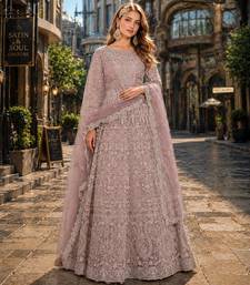 Purple embroidered net semi stitched anarkali suit