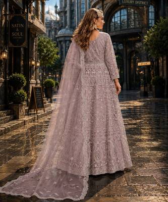 Purple embroidered net semi stitched anarkali suit 2