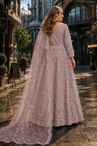 Purple embroidered net semi stitched anarkali suit