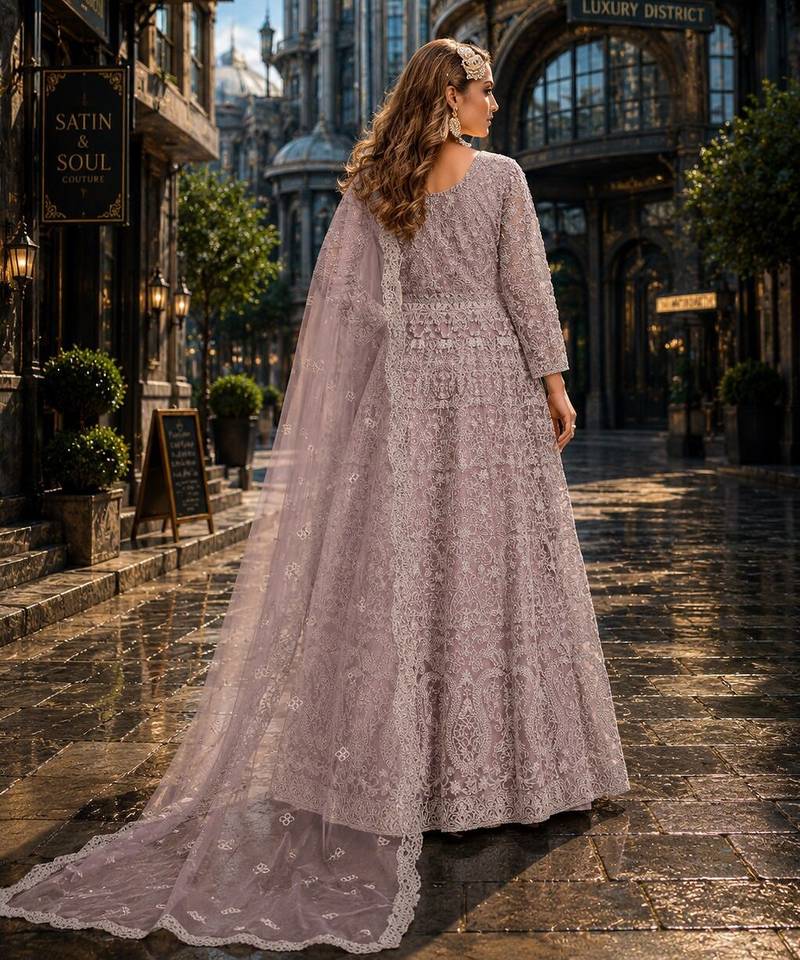 Purple embroidered net semi stitched anarkali suit
