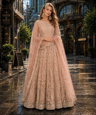 Peach embroidered net semi stitched anarkali suit 1