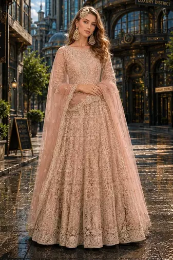 Peach embroidered net semi stitched anarkali suit