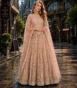 Peach embroidered net semi stitched anarkali suit