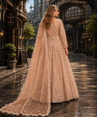 Peach embroidered net semi stitched anarkali suit 2