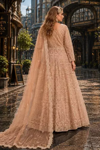 Peach embroidered net semi stitched anarkali suit