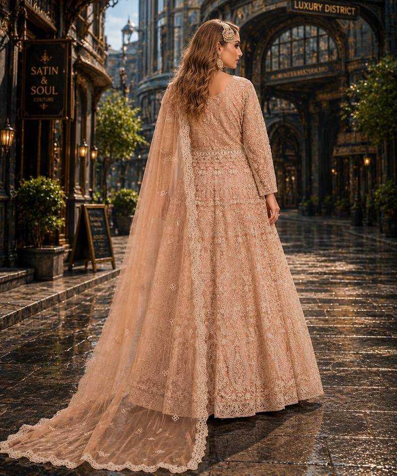 Peach embroidered net semi stitched anarkali suit