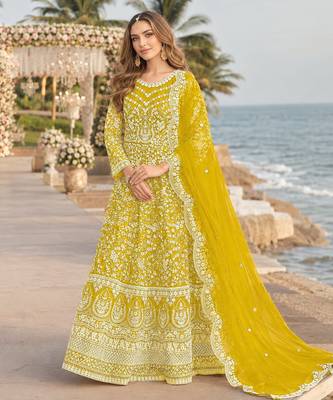 Yellow embroidered net semi stitched anarkali suit 1
