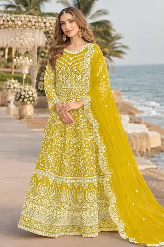 Yellow embroidered net semi stitched anarkali suit
