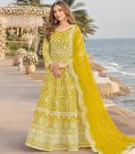 Yellow embroidered net semi stitched anarkali suit