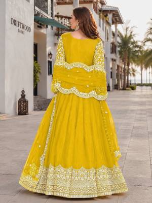 Yellow embroidered net semi stitched anarkali suit 2