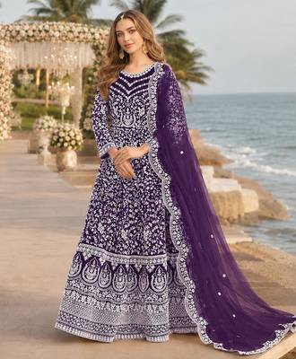 Purple embroidered net semi stitched anarkali suit 1