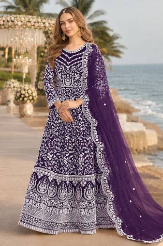 Purple embroidered net semi stitched anarkali suit