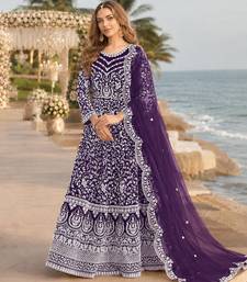Purple embroidered net semi stitched anarkali suit