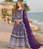 Purple embroidered net semi stitched anarkali suit