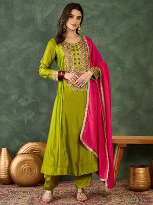 Women's Gorgeous Embroidery Work Vichitra Silk Fabric Flared Kurta Pant and Dupatta Set 1
