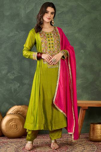 Women's Gorgeous Embroidery Work Vichitra Silk Fabric Flared Kurta Pant and Dupatta Set
