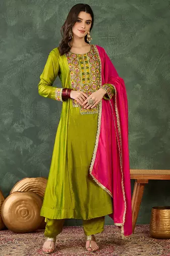Women's Gorgeous Embroidery Work Vichitra Silk Fabric Flared Kurta Pant and Dupatta Set