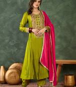 Women's Gorgeous Embroidery Work Vichitra Silk Fabric Flared Kurta Pant and Dupatta Set