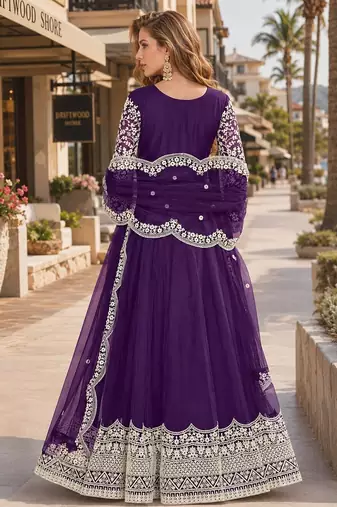 Purple embroidered net semi stitched anarkali suit