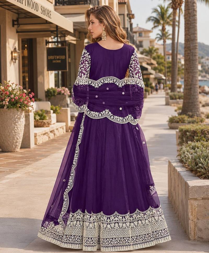 Purple embroidered net semi stitched anarkali suit
