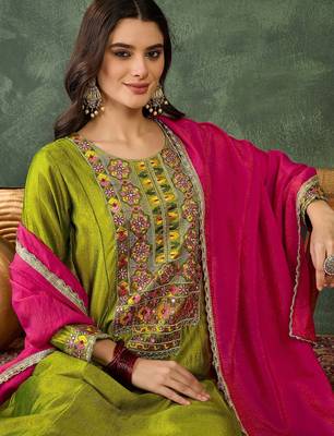 Women's Gorgeous Embroidery Work Vichitra Silk Fabric Flared Kurta Pant and Dupatta Set 2