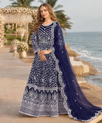 Navy blue embroidered net semi stitched anarkali suit 1