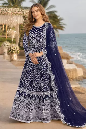 Navy blue embroidered net semi stitched anarkali suit