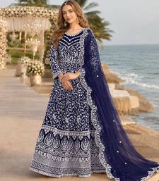 Navy blue embroidered net semi stitched anarkali suit