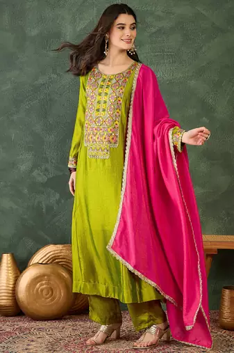 Women's Gorgeous Embroidery Work Vichitra Silk Fabric Flared Kurta Pant and Dupatta Set