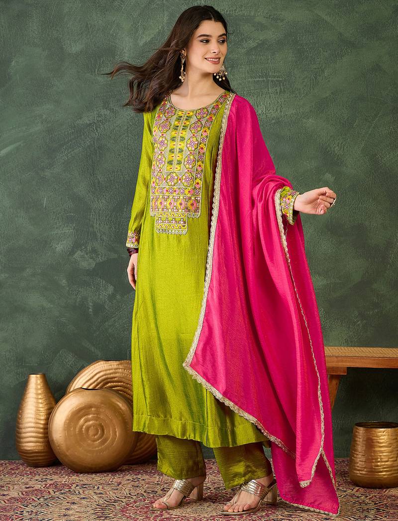 Women's Gorgeous Embroidery Work Vichitra Silk Fabric Flared Kurta Pant and Dupatta Set