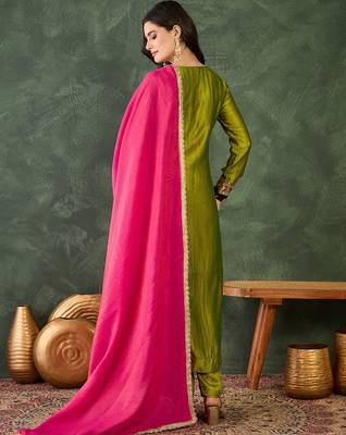 Women's Gorgeous Embroidery Work Vichitra Silk Fabric Flared Kurta Pant and Dupatta Set 4