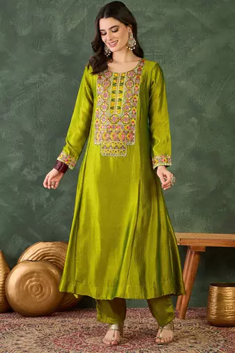 Women's Gorgeous Embroidery Work Vichitra Silk Fabric Flared Kurta Pant and Dupatta Set