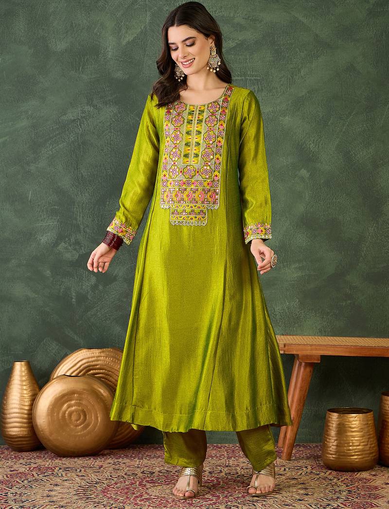 Women's Gorgeous Embroidery Work Vichitra Silk Fabric Flared Kurta Pant and Dupatta Set
