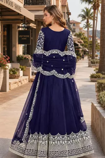 Navy blue embroidered net semi stitched anarkali suit