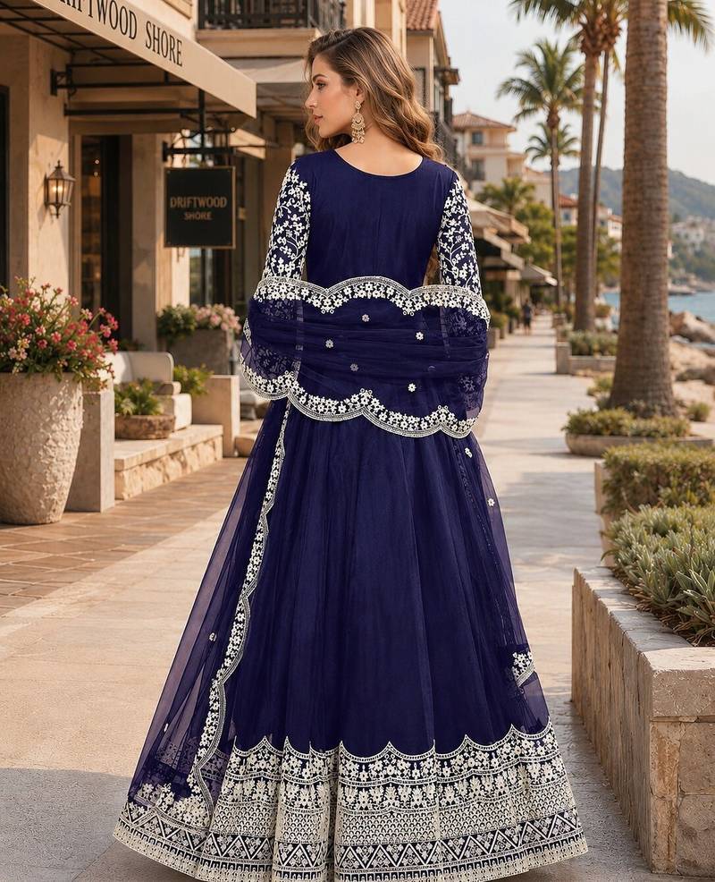 Navy blue embroidered net semi stitched anarkali suit