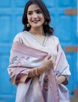 Women Floral Printed Regular Chanderi Silk Kurta with Trousers & With Dupatta 2