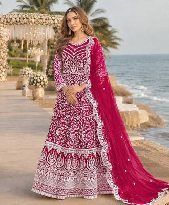 Magenta embroidered net semi stitched anarkali suit 1