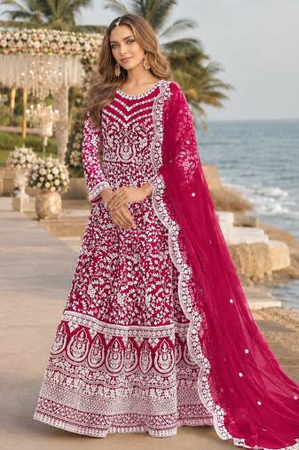 Magenta embroidered net semi stitched anarkali suit