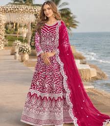 Magenta embroidered net semi stitched anarkali suit