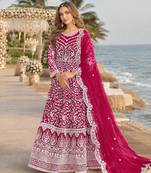 Magenta embroidered net semi stitched anarkali suit