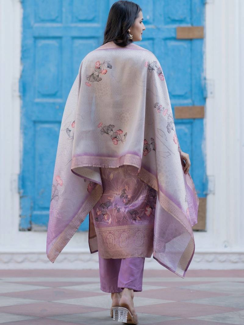 Women Floral Printed Regular Chanderi Silk Kurta with Trousers & With Dupatta
