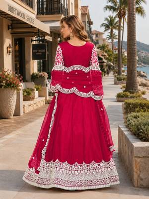 Magenta embroidered net semi stitched anarkali suit 2