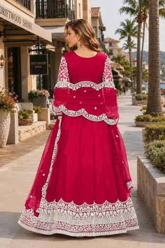 Magenta embroidered net semi stitched anarkali suit
