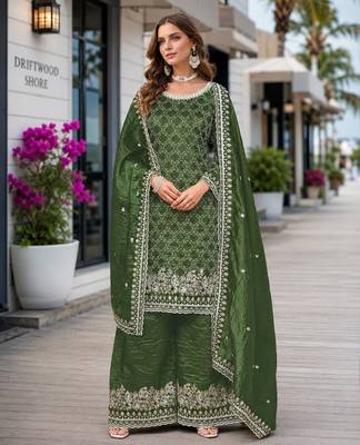 Green embroidered gold crush semi stitched salwar suit 1