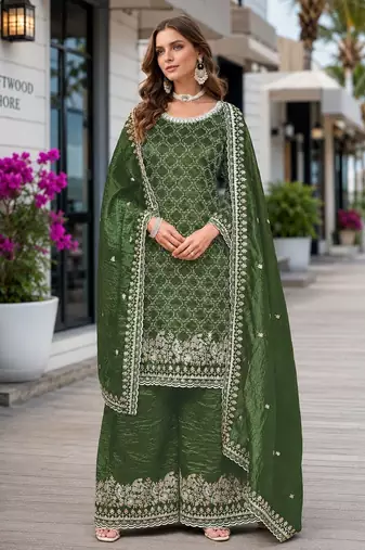 Green embroidered gold crush semi stitched salwar suit