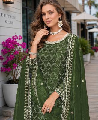 Green embroidered gold crush semi stitched salwar suit 2