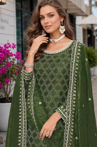 Green embroidered gold crush semi stitched salwar suit