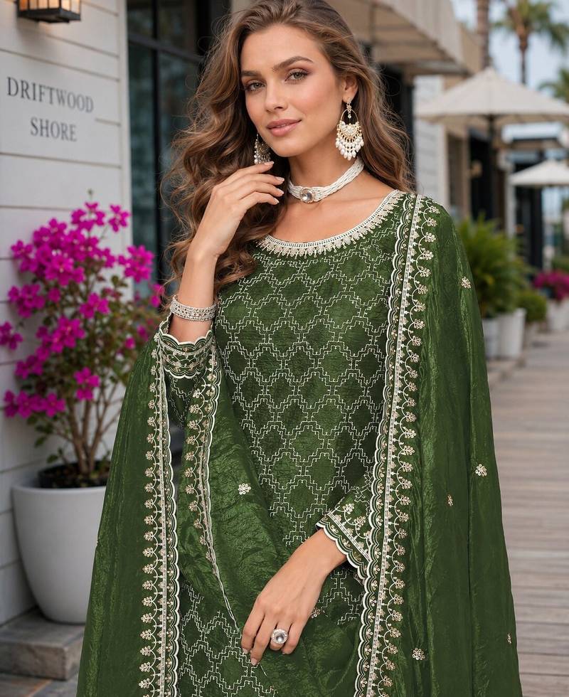 Green embroidered gold crush semi stitched salwar suit