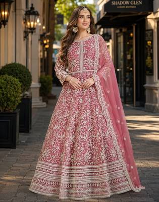 Pink embroidered net semi stitched anarkali suit 1
